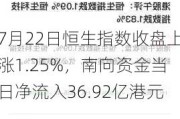 7月22日恒生指数收盘上涨1.25%，南向资金当日净流入36.92亿港元