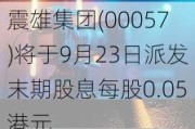 震雄集团(00057)将于9月23日派发末期股息每股0.05港元