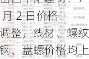 山西中阳建材：7 月 2 日价格调整，线材、螺纹钢、盘螺价格均上涨