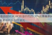 康大食品(00834.HK)拟溢价约25.00%配售最多8659万股 筹资约2150万港元