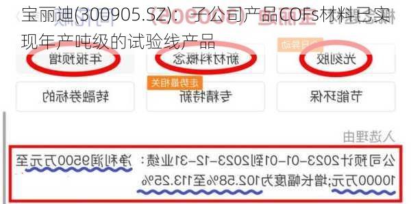 宝丽迪(300905.SZ)：子公司产品COFs材料已实现年产吨级的试验线产品