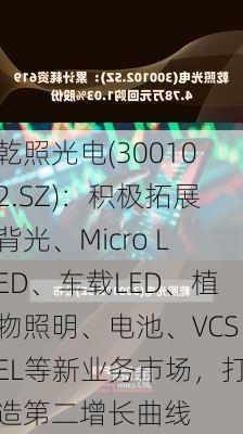 乾照光电(300102.SZ)：积极拓展背光、Micro LED、车载LED、植物照明、电池、VCSEL等新业务市场，打造第二增长曲线