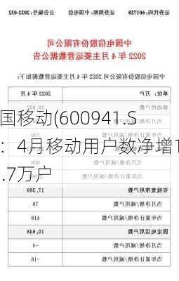 中国移动(600941.SH)：4月移动用户数净增173.7万户