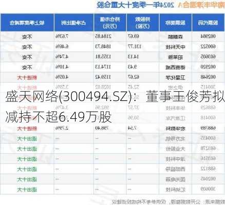 盛天网络(300494.SZ)：董事王俊芳拟减持不超6.49万股