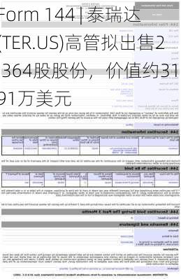 Form 144 | 泰瑞达(TER.US)高管拟出售2,364股股份，价值约31.91万美元