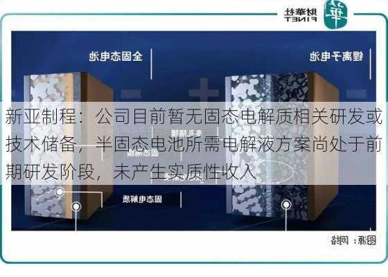 新亚制程：公司目前暂无固态电解质相关研发或技术储备，半固态电池所需电解液方案尚处于前期研发阶段，未产生实质性收入