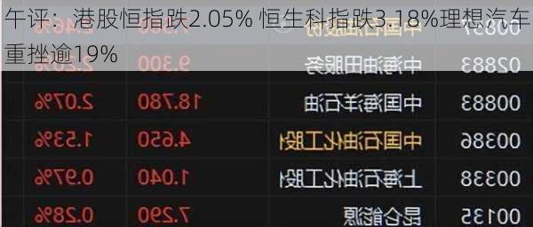 午评：港股恒指跌2.05% 恒生科指跌3.18%理想汽车重挫逾19%