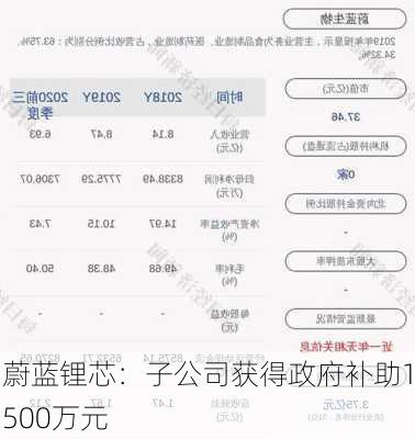 蔚蓝锂芯：子公司获得政府补助1500万元