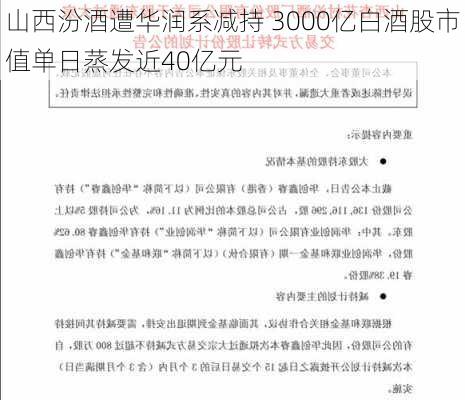 山西汾酒遭华润系减持 3000亿白酒股市值单日蒸发近40亿元