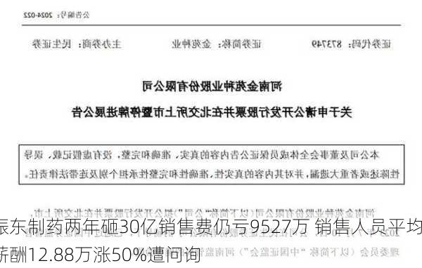 振东制药两年砸30亿销售费仍亏9527万 销售人员平均薪酬12.88万涨50%遭问询