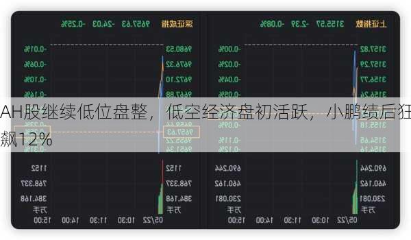 AH股继续低位盘整，低空经济盘初活跃，小鹏绩后狂飙12%