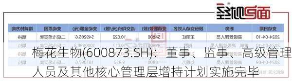 梅花生物(600873.SH)：董事、监事、高级管理人员及其他核心管理层增持计划实施完毕