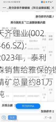 天齐锂业(002466.SZ)：2023年，泰利森销售给雅保的锂精矿总量约81万吨