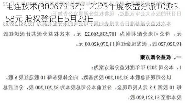 电连技术(300679.SZ)：2023年度权益分派10派3.58元 股权登记日5月29日