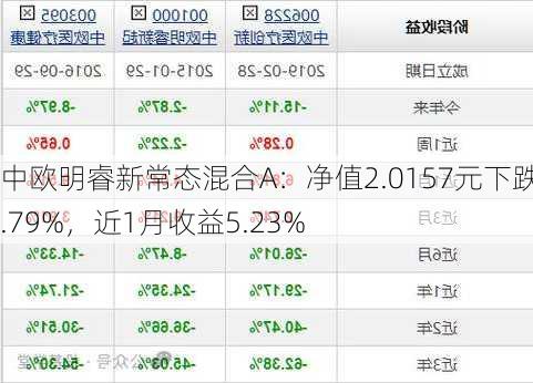 中欧明睿新常态混合A：净值2.0157元下跌0.79%，近1月收益5.23%