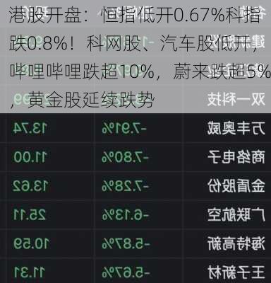 港股开盘：恒指低开0.67%科指跌0.8%！科网股、汽车股低开，哔哩哔哩跌超10%，蔚来跌超5%，黄金股延续跌势