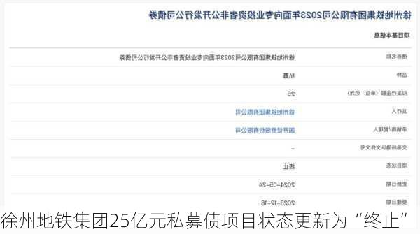 徐州地铁集团25亿元私募债项目状态更新为“终止”