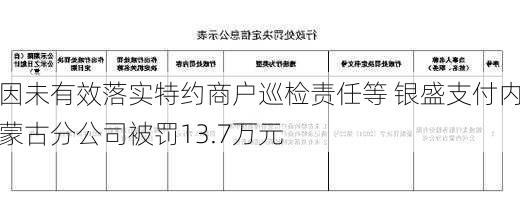 因未有效落实特约商户巡检责任等 银盛支付内蒙古分公司被罚13.7万元