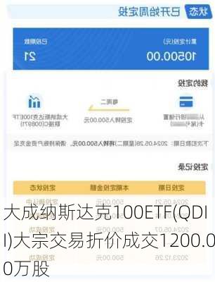 大成纳斯达克100ETF(QDII)大宗交易折价成交1200.00万股