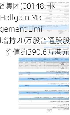 建滔集团(00148.HK)获Hallgain Management Limited增持20万股普通股股份，价值约390.6万港元