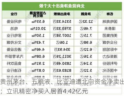 贵州茅台、五粮液、比亚迪遭北向资金净卖出；立讯精密净买入居首4.42亿元