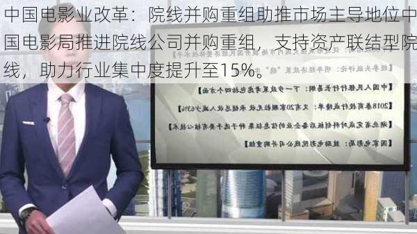 中国电影业改革：院线并购重组助推市场主导地位中国电影局推进院线公司并购重组，支持资产联结型院线，助力行业集中度提升至15%。