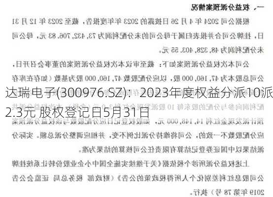 达瑞电子(300976.SZ)：2023年度权益分派10派2.3元 股权登记日5月31日