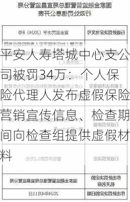 平安人寿塔城中心支公司被罚34万：个人保险代理人发布虚假保险营销宣传信息、检查期间向检查组提供虚假材料