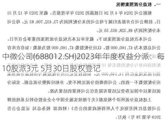 中微公司(688012.SH)2023年年度权益分派：每10股派3元 5月30日股权登记