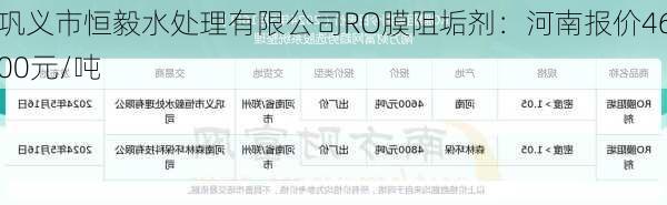 巩义市恒毅水处理有限公司RO膜阻垢剂：河南报价4600元/吨