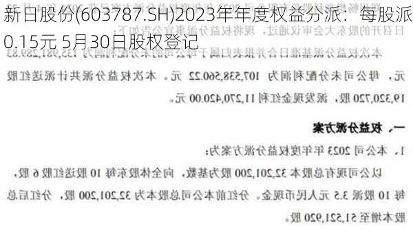 新日股份(603787.SH)2023年年度权益分派：每股派0.15元 5月30日股权登记