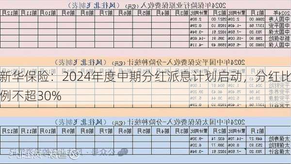 新华保险：2024年度中期分红派息计划启动，分红比例不超30%