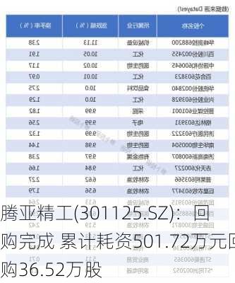 腾亚精工(301125.SZ)：回购完成 累计耗资501.72万元回购36.52万股