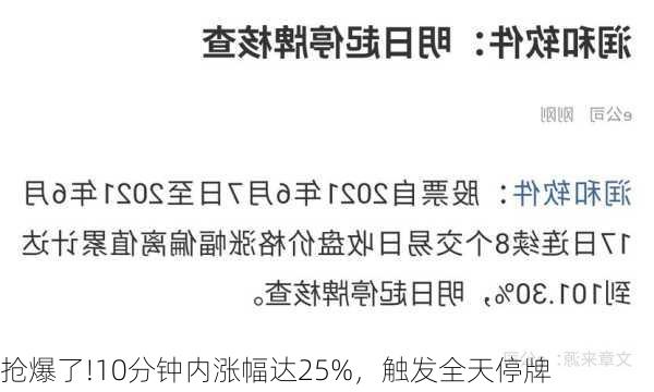 抢爆了!10分钟内涨幅达25%，触发全天停牌