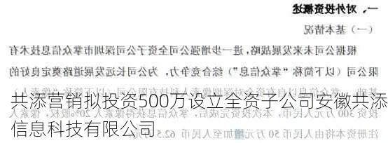 共添营销拟投资500万设立全资子公司安徽共添信息科技有限公司