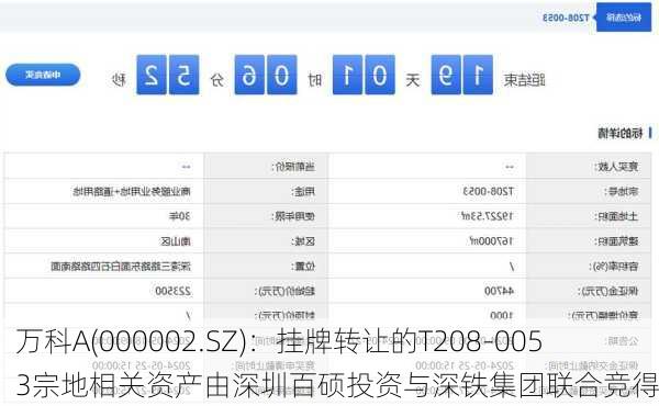 万科A(000002.SZ)：挂牌转让的T208-0053宗地相关资产由深圳百硕投资与深铁集团联合竞得