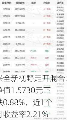 兴全新视野定开混合：净值1.5730元下跌0.88%，近1个月收益率2.21%