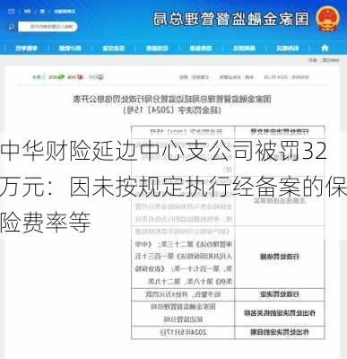 中华财险延边中心支公司被罚32万元：因未按规定执行经备案的保险费率等