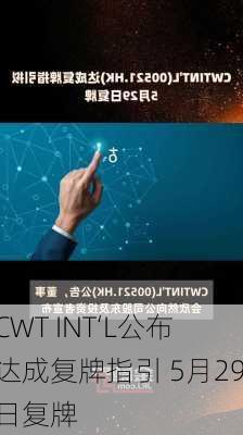 CWT INT‘L公布达成复牌指引 5月29日复牌