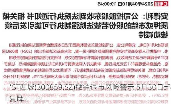 *ST西域(300859.SZ)撤销退市风险警示 5月30日起复牌