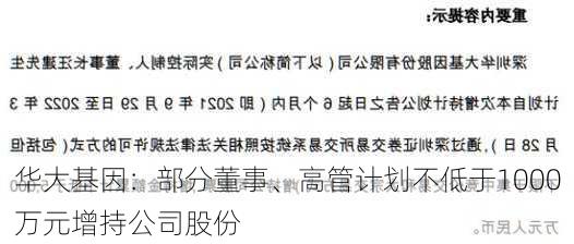 华大基因：部分董事、高管计划不低于1000万元增持公司股份