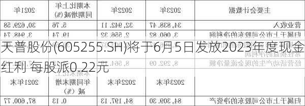 天普股份(605255.SH)将于6月5日发放2023年度现金红利 每股派0.22元