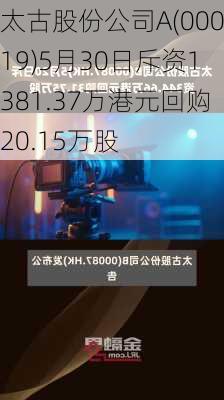 太古股份公司A(00019)5月30日斥资1381.37万港元回购20.15万股