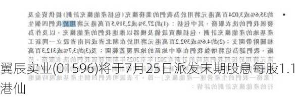 翼辰实业(01596)将于7月25日派发末期股息每股1.1港仙