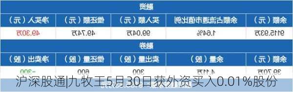 沪深股通|九牧王5月30日获外资买入0.01%股份