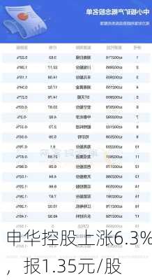 申华控股上涨6.3%，报1.35元/股