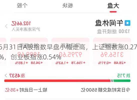 5月31日A股指数早盘小幅走高，上证指数涨0.27%，创业板指涨0.54%