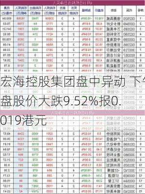 宏海控股集团盘中异动 下午盘股价大跌9.52%报0.019港元