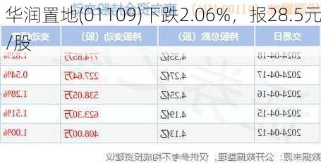 华润置地(01109)下跌2.06%，报28.5元/股