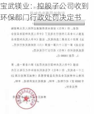 宝武镁业：控股子公司收到环保部门行政处罚决定书